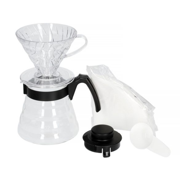 Hario V60-02 filter coffee maker set: dropper + glass jar/server + filter papers + dosing spoon black