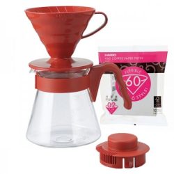   Hario V60-02 filter coffee maker set: dropper + glass jar/server + filter papers + dosing spoon red