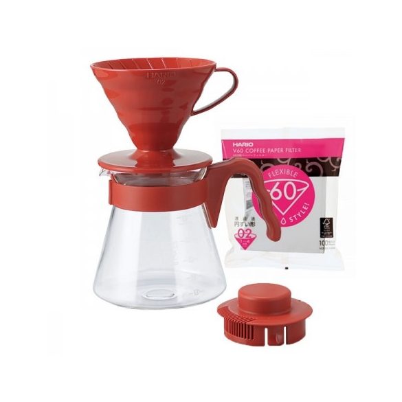 Hario V60-02 filter coffee maker set: dropper + glass jar/server + filter papers + dosing spoon red